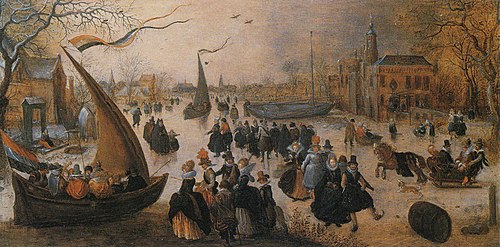 Landscape with a Frozen Canal, Skaters and an Ice Yacht, 1615, David Vinckboons
