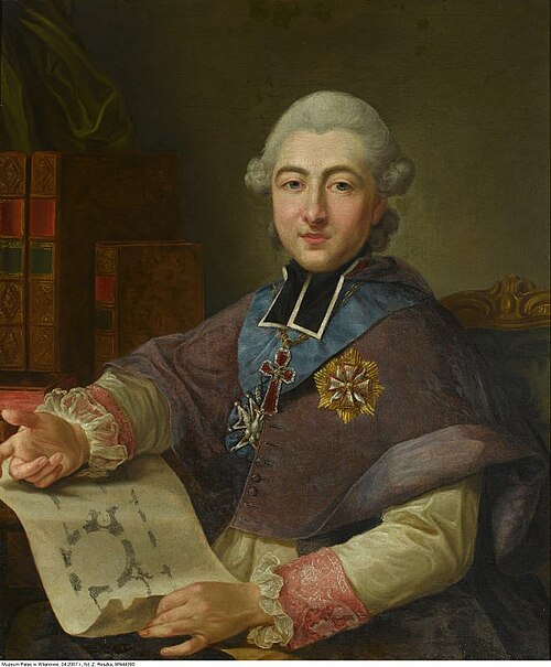 Portrait de Primat Michał Poniatowski avec le plan du Palais de Jabłonna dans sa main., 1776, Mateusz Tokarski
