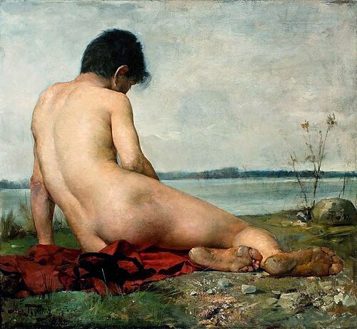 Male nude in a landscape, 1887, Maurycy Trębacz