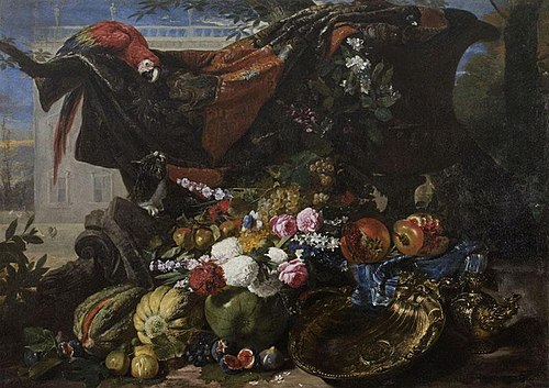 Nature morte, combat entre un chat et un perroquet, 1672, David de Koninck