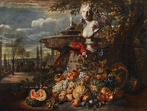 A parrot, melons, peaches, pomegranates, grapes and cherries in an Italianate park, 1680, David de Koninck