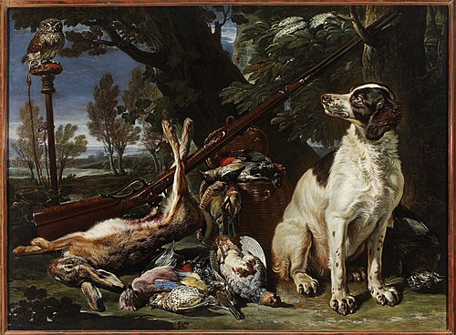Les trophées de chasse avec un chien et un hibou, 1660, David de Koninck