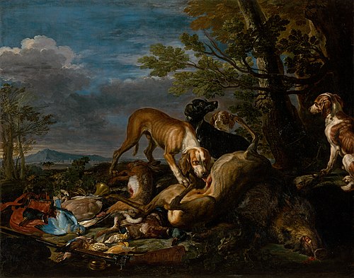 Poľovnícke zátišie so psami, 1650, David de Koninck