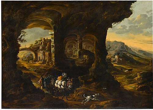 Landscape with Travellers in a Grotto, 1655, David de Hooch