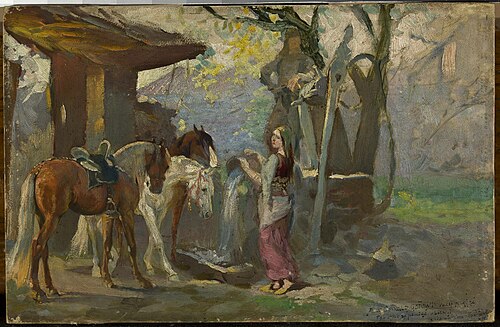 Horses at the waterhole, sketch, 1898, Wacław Pawliszak