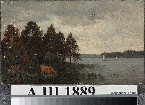 Landskap med kor på stranden av en sjö, 1876, Fridolf Weurlander