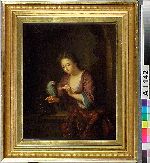Woman Feeding a Parrot, after Arnold Boonen, , Ida Silfverberg