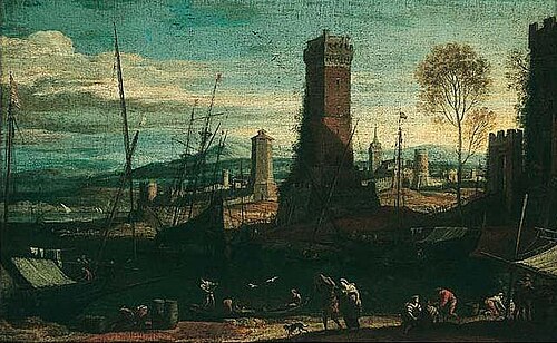 A mediterranian harbour scene, , Adriaen van der Kabel