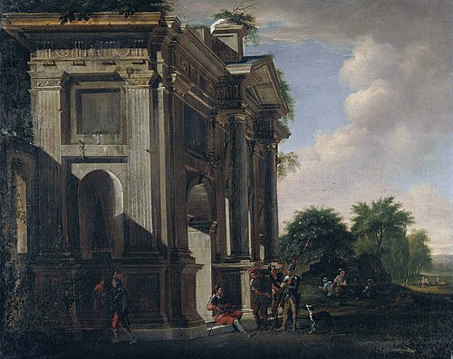 Caprice of a triumphal arch and soldiers, 1650, Adriaen van der Kabel