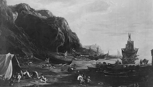 Küstenlandschaft mit Hafenplatz, , Adriaen van der Kabel
