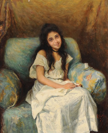 Young girl sewing, 1913, Richard Hall