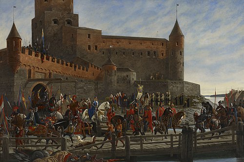 Karl Knutson Bonde Leaving Vyborg Castle for the Royal Election in Stockholm 1448, 1886, Severin Falkman
