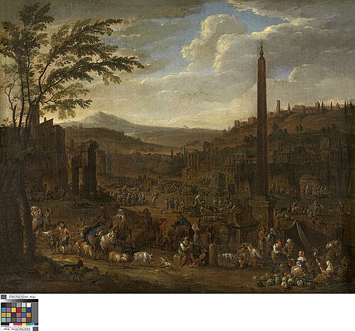 Italianiserend landschap met markttafereel, 1680, Pieter van Bredael