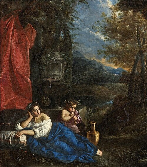 Flora and the Infant Bacchus in a Wooded Landscape, 1650, Pier Francesco Mola