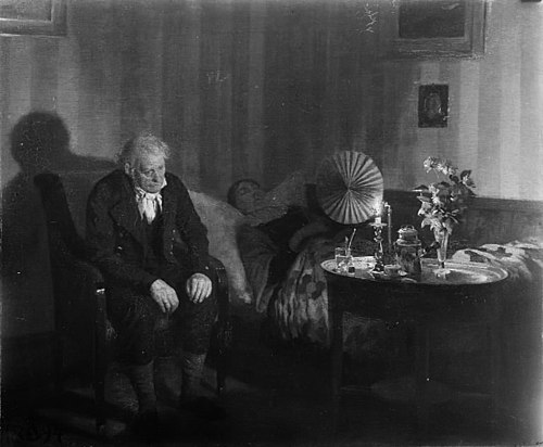 Rahbek ved sin hustrus dødsleje, 1894, Carl Thomsen