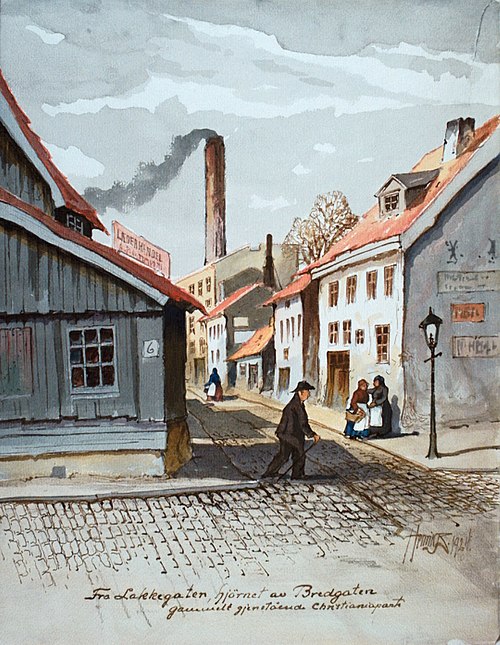 Fra Lakkegaten, hjörnet av Bredgaten / gammelt gjenstående Christianiaparti., 1924, Hans Henrik Sartz Backer