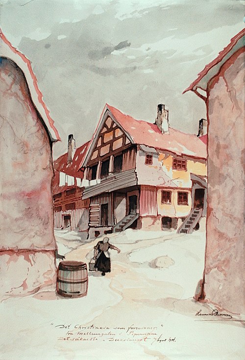 Det Christiania som forsvinner / Fra MEllemgaten i Piperviken / Det såkaldte "Dueslaget", tegnet 191, 1914, Hans Henrik Sartz Backer