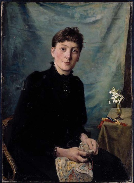 Sittende ung dame med broderi, 1891, Johanne Mathilde Dietrichson