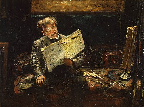 Kunstenaar in zijn atelier leest 'l 'Art Moderne', 1884, David Oyens