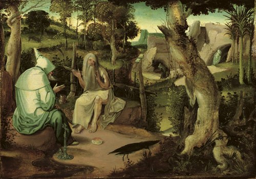 Saint Anthony the Great with Saint Paul the Hermit, in a wooded landscape, , Pseudo Jan Wellens de Cock