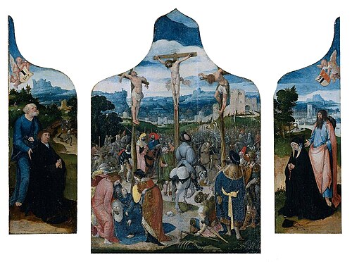 Triptych with the Crucifixion (centre panel), St Peter and a Male Donor (inner left wing), St James , 1525, Pseudo Jan Wellens de Cock