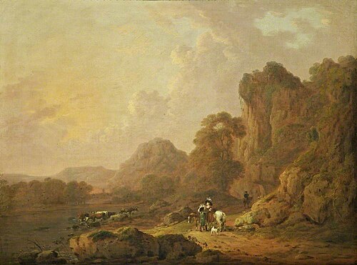 Mountain Landscape with Travellers on a Lakeside Path, 1790, Julius Ibbetson