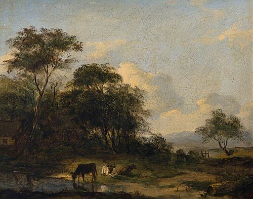 A Wooded Landscape with Cattle Watering, , Julius Caesar Ibbetson