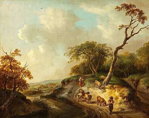 A Rustic Scene with Sheep and Shepherds, , Julius Ibbetson
