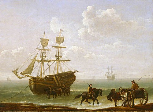 A beached collier unloading into carts, 1790, Julius Caesar Ibbetson