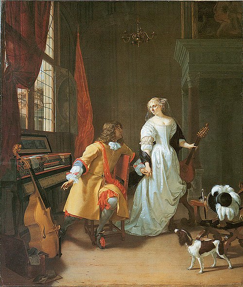 An elegant couple with musical instruments in an interior., 1674, Jan Verkolje