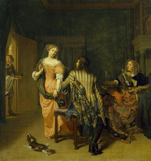 Elegant interior in which a soldier with a trumpet grabs a young woman by the arm, 1678, Jan Verkolje