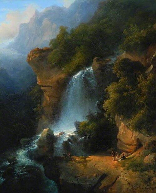 A Waterfall among Mountains with Figures, , Karl Joseph Kuwasseg
