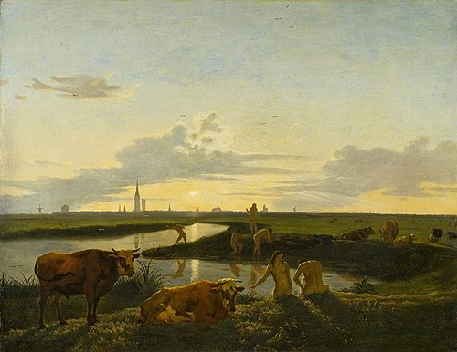Canal Landscape with Figures Bathing, 1690, Hendrick ten Oever