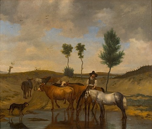 Landschap met paarden en koeien, bij een wed, 1685, Hendrick ten Oever