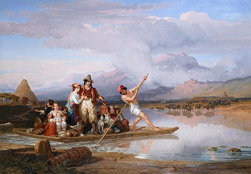 A ferry on the Ninfa, Sermoneta in the distance - a scene in the Pontine marshes, near Rome, 1838, Penry Williams