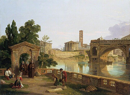 Tiber with the Temple of Hercules Victor, Santa Maria in Cosmedin and the Ponte Rotto seen from the , 1828, Penry Williams