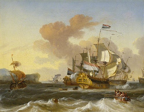 A Dutch Flagship and other Vessels off a Rocky Coast, 1750, Hendrik Rietschoof