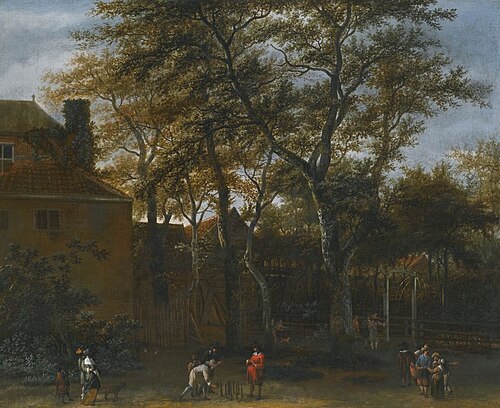 Four men playing Skittles in a garden, with onlookers, 1650, Adriaen Hendriksz Verboom