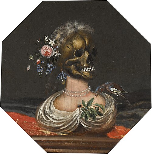 Vanitas bust of a lady's skull with a crown of flowers on a ledge, 1688, Catarina
