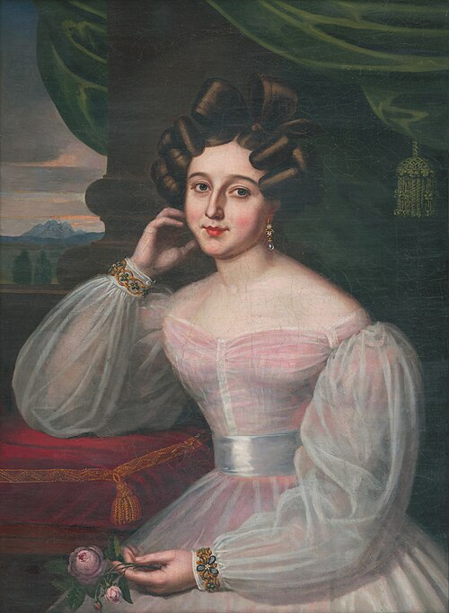 Podobizeň dámy mladej v ružovkastých šatách s ružou, 1830, János Rombauer