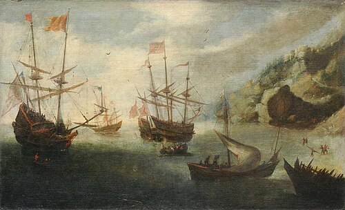 Mediterranean coastal landscape with sailing ships, 1650, Andries van Eertvelt