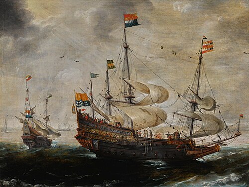Four-masted ship flying the flag of Zeeland, another vessel beyond, 1617, Andries van Eertvelt