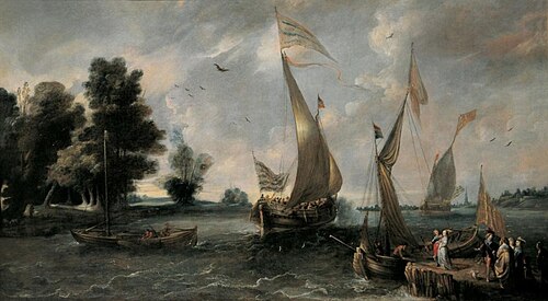 River view with boats, a pier and figures, 1650, Andries van Eertvelt
