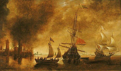 Daybreak after the bombardment of a port by Spanish ships, 1628, Andries van Eertvelt