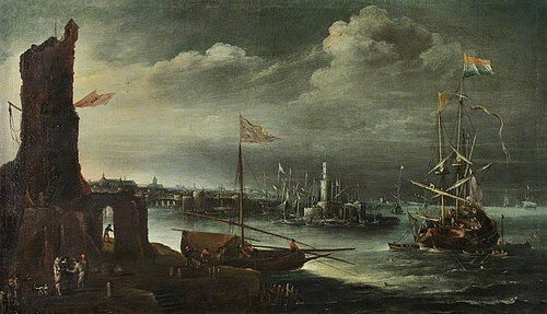 A Dutch ship at anchor off Genoa, , Andries van Eertvelt