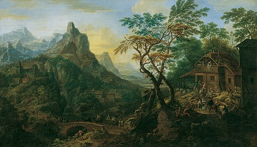 Mountain landscape with castle, 1722, Josef Orient