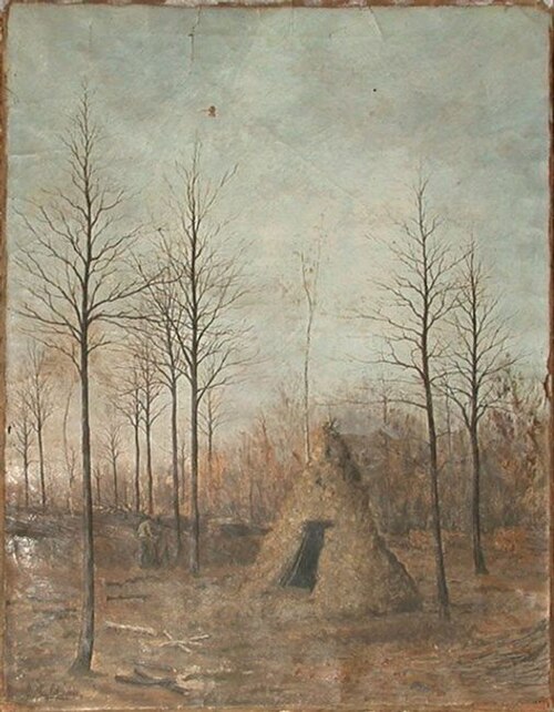 Cabane de bûcheron au milieu d'une clairière, l'hiver, 1882, Ernest Peulot