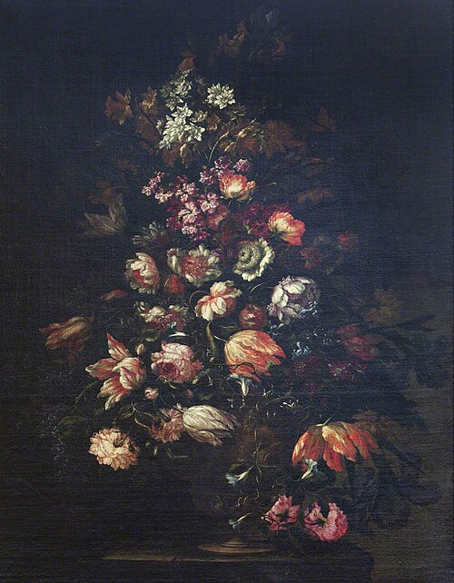 Tulips, Roses, Narcissi and Other Flowers in a Sculptured Vase on a Pedestal, 1648, Mario Nuzzi