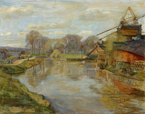 A ship building yard by a river., 1913, Aage Bertelsen