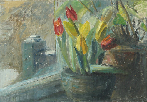 Still life with tulips in a window., 1918, Aage Bertelsen